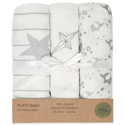 Duffi Baby - Confezione da 3 garze per bebè in bambù stampate, set di tre garze per neonati rettangolari 55 x 70 cm, coperta estiva per bebè 100% bambù morbido. Asciugamani per neonati e neonati. Colore grigio. 0787-11