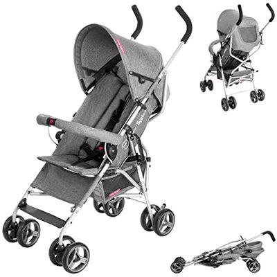 Moby-System, Kinderwagen, superlicht en klein, tot 14 kg, verstelbare rugleuning, dubbele zwenkbare schuimrubberen wielen, opvouwbaar, met zonnekap, ideaal voor een wandeling, grijs