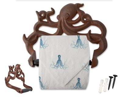 Portarrollos de Papel higiénico de Hierro Fundido Pulpo – Decoración de Pared náutica para Cuarto de baño – Fácil instalación – marrón Oxidado