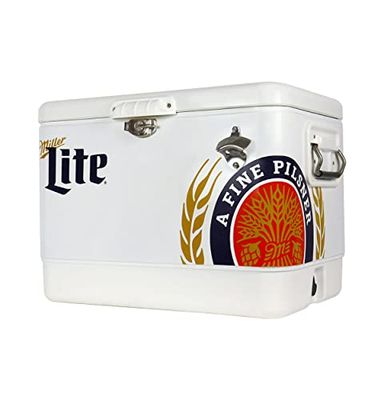 Miller Lite chłodziarka do napojów z otwieraczem do butelek, 51 l (54 qt), przenośna chłodziarka z paskiem stalowym 85 puszek, biała i czarna, na kemping, plażę, do kampera, grilla, na wędkowanie
