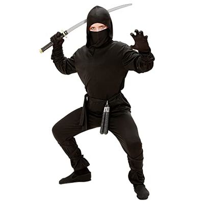 Widmann - Barnkostym ninja, rock med huva, byxor, bälte, mask, arm- och benband, temafest, karneval