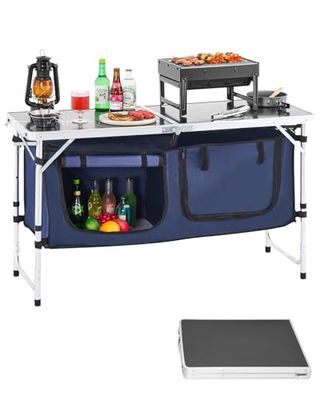 VEVOR Tavolo da Cucina da Campeggio Pieghevole per Esterni, 3 Altezze Regolabili, Stazione di Cottura Portatile Leggera in Alluminio con Organizzatore per Riporre Oggetti, Maniglia per Trasporto, Blu