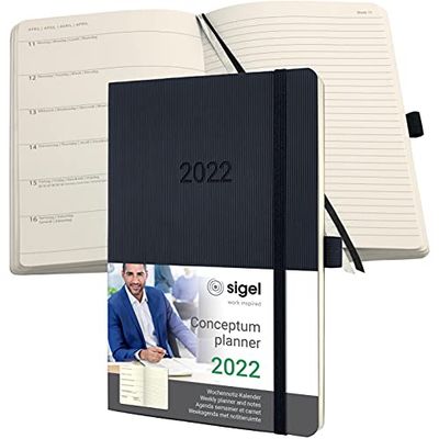 SIGEL C2224 Agenda semainier et carnet 2022 Conceptum, couverture souple, 13,5 x 21 cm, noir
