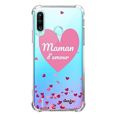 Evetane Coque Compatible avec Huawei P30 Lite Silicone Coins antichocs Solide Protection complète Resistant Transparente Maman d'amour Coeurs Motif Ecriture Tendance