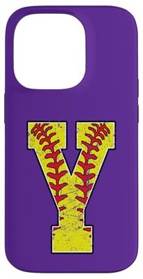 Purple Vintage Softball Initial Letter Y Case for iPhone 14 Pro