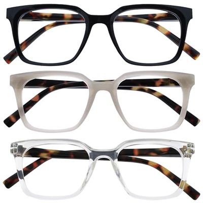 OPULIZE KOI Occhiali da Lettura, Confezione da 3 - Montatura Rettangolare Grande - Nero-Grigio-Trasparente - Uomo e Donna - Cerniere a Molla - RRR50-17C - +2.00