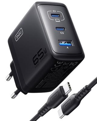 INIU 65W USB C Oplader, 3-Poorts [USB-C * 2 + USB-A] Meerdere Voeding met USB-C Kabel, PD 3.0 Snellader Plug, USB C Charger for iPhone 16 15 14 13 12 Pro Max, iPad Air, Samsung S24 S23 Ultra, etc.