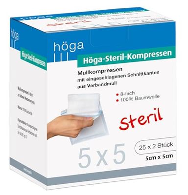 höga Compressas estéreis, Mull compressas estéreis, 5 x 5 cm, 5 x 2 unidades, estéreis, 8 tomadas, em 14079 tipo de 17, embalagem de 3