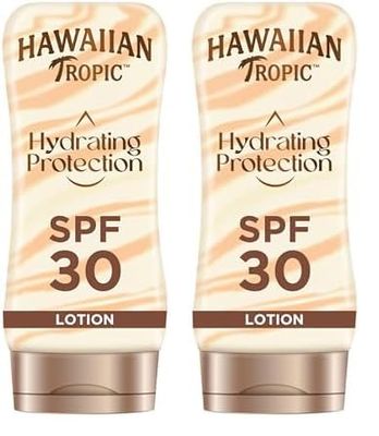 Hawaiian Tropic Hydrating Protection Sunscreen Lotion, Water Resistant SPF 30 UVA Plus UVB Protection Suncream, 12-Hour Moisturising Sun Lotion with Cocoa and Shea Butter, 180 ml (Pack of 2)