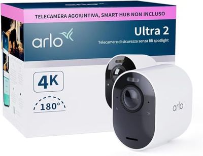 Arlo Ultra 2 Telecamera WiFi Esterno Senza Fili, Telecamera WiFi Interno, 4K UHD, Sirena Allarme Casa, Sensore Di Movimento, Stazione Base Necessaria (Venduta A Parte), 1 Telecamera Aggiuntiva, Bianca
