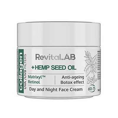 RevitaLAB - Crème de jour et de nuit au collagène hydratante et anti-âge, enrichie en acide hyaluronique, Matrixyl® 3000 et filtre à rayons UVA/UVB, pour personnes de 60 à 75 ans, 50 ml