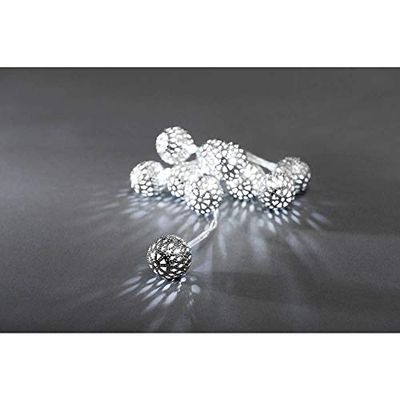 Konstsmide 3188-303, grinalda LED com bolas de metal (10 diodos de branco frio, funciona com 3 pilhas AA de 1,5 V, cabo transparente)