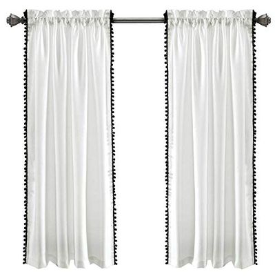Lush Decor Pom Pom Curtain | Textured, Solid Color Shabby Chic Style Window Panel for Living, Dining Room, Bedroom (Single), 63” x 50”, Black and White