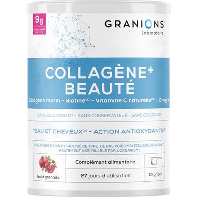 COLLAGENE +BEAUTE GRANIONS - Collagene Marin Poudre - Collagene et Acide Hyaluronique - Collagene Marin + Vitamine C + Biotine + Onagre - Beauté Peau et Cheveux - Saveur Grenade- Collagene Poudre 275g
