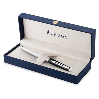 Waterman Hémisphère Fountain Pen | Black & White Lacquer with Palladium Coated Trim | Stainless steel Medium Nib | Blue Ink | Gift Box
