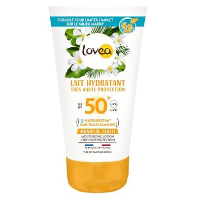 LOVEA - Lait Hydratant FPS 50+ - Très Haute Protection Solaire Visage & Corps - Monoï De Tahiti - Protection UVA/UVB - Résistant À L'Eau & Anti Traces Blanches - Vegan - Fabriqué En France - 150 ml