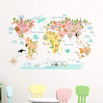 Zelfklevende stickers voor kinderen, wereldkaart, wanddecoratie voor kinderkamer, 80 x 125 cm