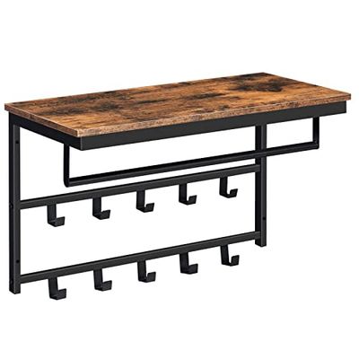 HOOBRO Wandgarderobe, wandkast met legbord, wandrek met 10 haken en stangen, hoedenplank, hangrek, 60 x 30 x 42 cm, voor hal, woonkamer, slaapkamer, industriële stijl, vintage bruin-zwart EBF60YM01