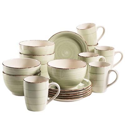 MÄSER 931490 Bel Tempo II Servicio de desayuno de aspecto vintage para 6 personas, de cerámica pintada a mano, 18 piezas, color verde, loza