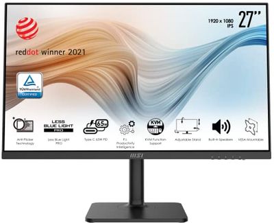 MSI Modern MD272P Docking Monitor (USB-C 65W) 27" - Pannello IPS FHD (1920 x 1080), 75 Hz, Schermo Eye-Friendly, Speaker integrati, Supporto regolabile a 4 vie, KVM - DP 1.2a