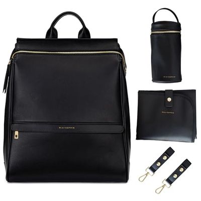 MIA + SOPHIA läderblöjväska ryggsäck med skötdyna, barnvagnsremmar, flaskhållare, Svart, M, Mia Collection