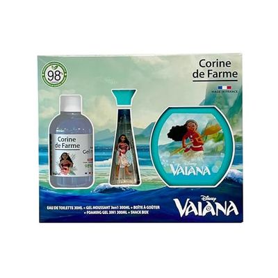 Corine de Farme - Coffret Vaiana avec Eau de Toilette 50ml, Bain Moussant 300ml et Boîte à Goûter - Cadeau pour Fille - Parfum pour Enfant Senteur Vanille - Gel Fruité 3-en-1