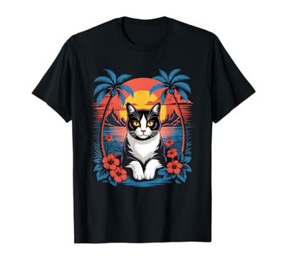 Tuxedo Cat Hawaiian Summer Tropical Beach Vacation Graphic Maglietta