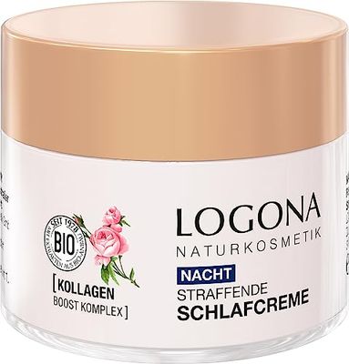 LOGONA, crema per il sonno naturale rassodante, crema da notte lisciante con prezioso collagene ed estratto di rosa biologica, idratante intensa durante la notte, naturale e vegano, idratante, 50 ml