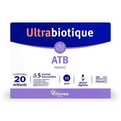 Ultrabiotique ATB Protect - Complément alimentaire équilibre flore intestinale - Probiotiques - 20 milliards de ferments lactiques - 5 souches documentées - 10 gélules - 10 jours - Fabriqué en France