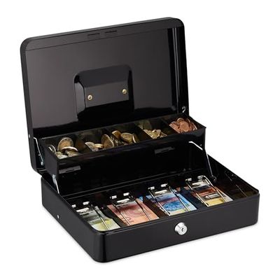 Relaxdays Caja de Dinero Llaves, 5 Compartimentos de Monedas y 4 de Billetes, Hierro, 8,5x30,5x24,5 cm, Negro