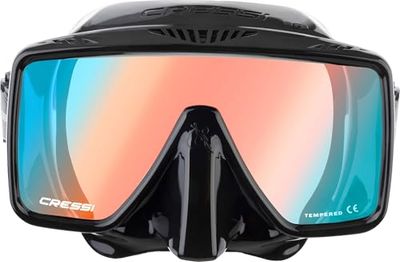 CRESSI SF1 Mask Black 380 UV Blue/Orange/Lenses - Masque sans Monture Design Carré pour la Plongée et Le Snorkeling, Noir_380 UV Oculaire Bleu/Orange, Taille Unique, Unisexe