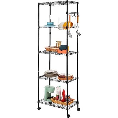 BATHWA Estante de Almacenamiento de Metal de 5 estantes, estantería de Alambre Ajustable con Ruedas, estantes de Almacenamiento de Metal Resistente con Ganchos Laterales, Negro
