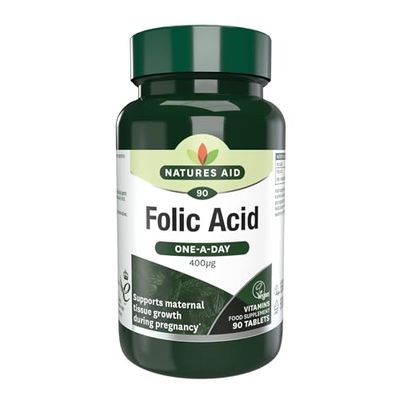 Natures Aid Folic Acid 400mcg – Supports Prenatal Health, Red Blood Cell Formation, DNA Synthesis – Vegan, Non-GMO, Gluten-Free – High Potency Natural Supplement – 90 Tablets