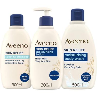 Aveeno Skin Relief Body Skin Care Set, with Body Wash (500ml), Lotion (300ml), and Shampoo (300ml) for Sensitive, Irritable, and Very Dry Skin