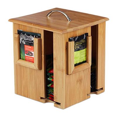 Relaxdays, 5 x 18 x 18 cm Caja para té e infusiones, Tapa extraíble, Cuatro compartimentos, 160 sobres, Marrón, 20, Bambú