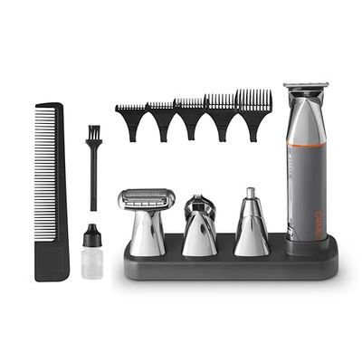 Carmen C81205ORG Titan Men’s Cordless 4-in-1 Multi-Groomer Set with Precision Trimmer, 5 Lock Fit Guide Combs, Removable/Washable Heads, Storage Stand and 100-Minute Rechargeable Battery, Orange