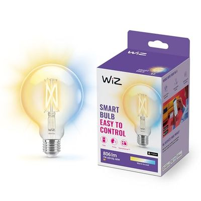 WiZ Filament Tunable White - Smart LED belysning (WiFi och Bluetooth), 60W, G95, E27, 2700-6500 Kelvin, Dimbar i kallvitt till varmvitt, Klart glas