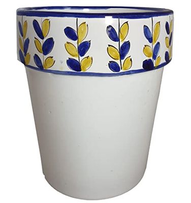 Ceramiche Angela Rinaldi – Vaso in Ceramica di Vietri dipinto a mano Maiolica Design Terracotta Coccio Cachepot (foglie blu, Altezza cm. 20, diametro cm. 18,5)