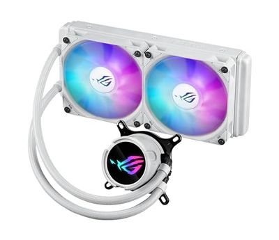 ASUS ROG Strix LC III 240 ARGB WHT all-in-one CPU liquid cooler with 360° rotatable water block, 7th gen V2 Asetek pump, Premium ROG ARGB fans, and 10+ custom Aura lighting effects.