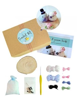 Kit per Realizzare Uccellini Sposi all'Uncinetto, Decorazione Matrimonio, set con Filati di Cotone uncinetto e tutorial