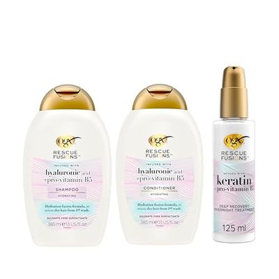 OGX Rescue Fusions Hero Set for Dry Hair, Hyaluronic Acid Shampoo (385ml) & Conditioner (385ml), and Deep Recovery Overnight Treatment (125ml), with Pro-Vitamin B5 to Restore Dry Hair from 1st Wash