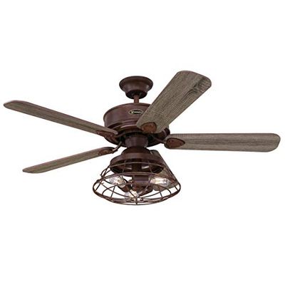 Westinghouse Lighting 72205 Ventoinha de teto Barnett para interior de madeira de celeiro, 122 cm, conjunto de iluminação LED regulável com ecrã tipo gaiola, controlo remoto incluído, 55 W