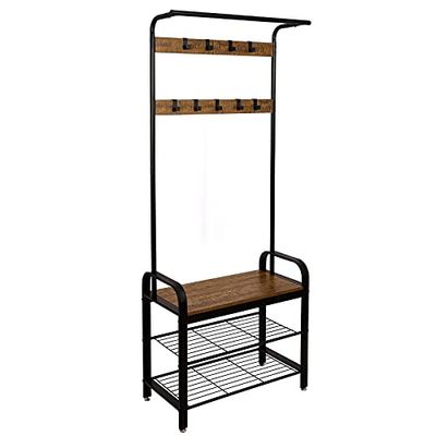 Meerveil Garderobe, entree, garderobe met schoenenrek, 3 niveaus, 9 afneembare haken, metalen frame, 72 x 34 x 183 cm, rustiek bruin en zwart