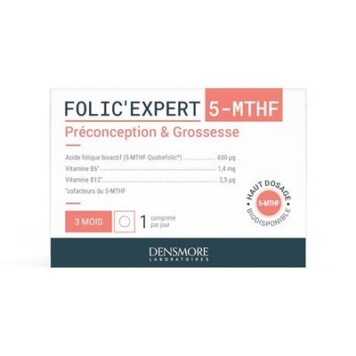 Densmore - Folic'Expert - Vitamine B9 et B12 - 600 µg d'Acide Folique - Désir d'Enfant et Début de Grossesse - 90 comprimés - Cure de 3 mois - Fabriqué en France