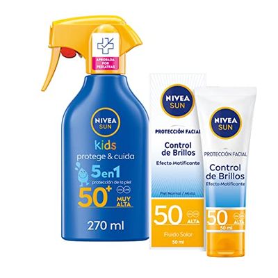NIVEA SUN Protección Facial UV Control de Brillos FP50 (1 x 50 ml) + NIVEA SUN Spray Solar Niños Protege & juega FP50 (1 x 270 ml)