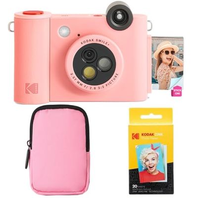 KODAK Smile+ - Paquete de iniciación de cámara instantánea Digital e Impresora fotográfica 2 en 1, Funda Suave + Papel Zink, 10 MP, Lente giratoria, Color Rosa