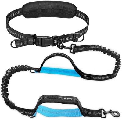 UPPETLY Hands Free Dog Running Leash with Adjustable Waist Belt, Dual Handle Elastic Bungees Retractable Rope for Medium and Large Dogs, Reflective Stitches for Walking Hiking Biking