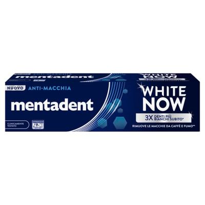 Mentadent Dentifricio White Now Anti-macchia, Dentifricio Sbiancante con White-Correct e White-Infinity Technology, Azione Anti-macchia**, Denti 3 Volte più Bianchi Subito* e Bianchi a Lungo***, 75ml