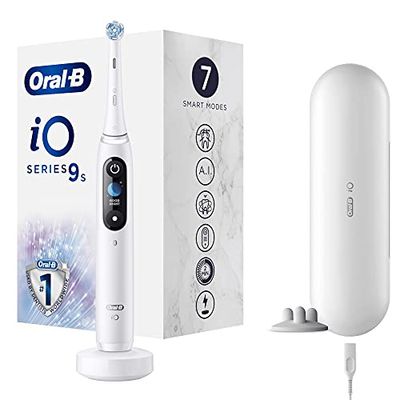 Oral-B iO 9s Go Electric Brosse à dents électrique avec intelligence artificielle, capteur de brossage, 1 tête, étui de voyage, batterie Lithium, idée cadeau, blanc/noir