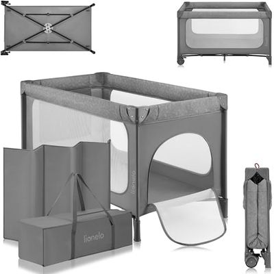 lionelo Jasmin Easy FoldCuna de Viaje para Niños de hasta 15 kg de 0 a 36 Meses Colchón de Espuma T25, 2 Niveles de Altura, Easy Fold, Entrada Lateral, Ruedas (Grey Stone)